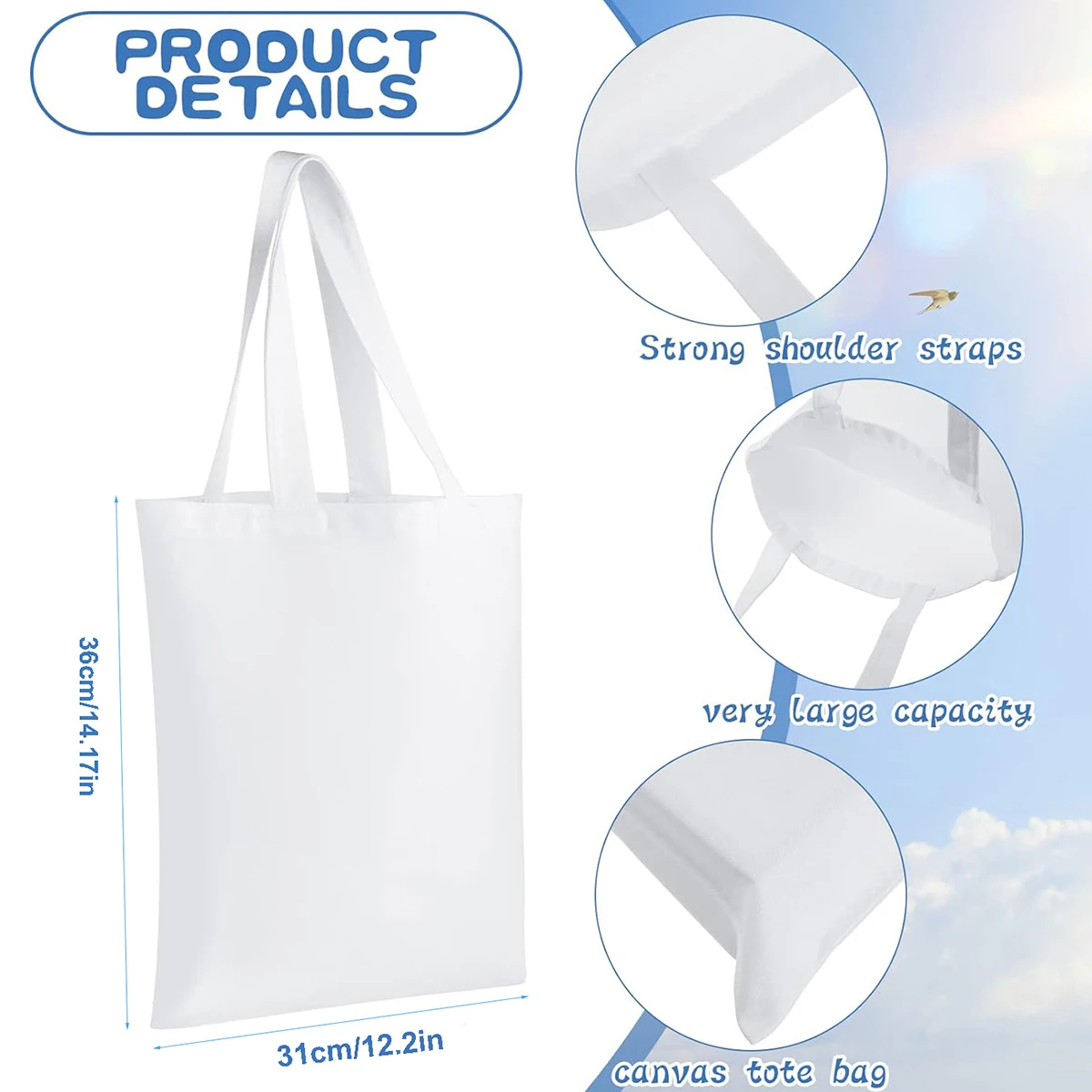 6pcs White Canvas Tote Bags, S - đánh giá và giá Tote Bag Sublimation