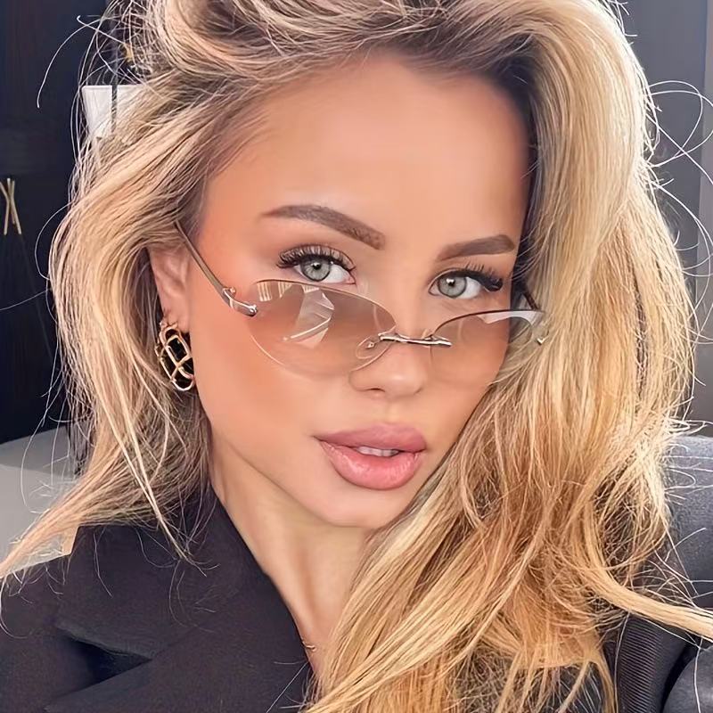 Rimless Oval Sunglasses Women  - đánh giá và giá Metal Photo Panel